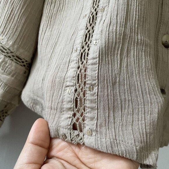 Free People Summer Stars Puffy-Sleeve Button Down Crochet Trim Top XS Brown - Picture 12 of 16